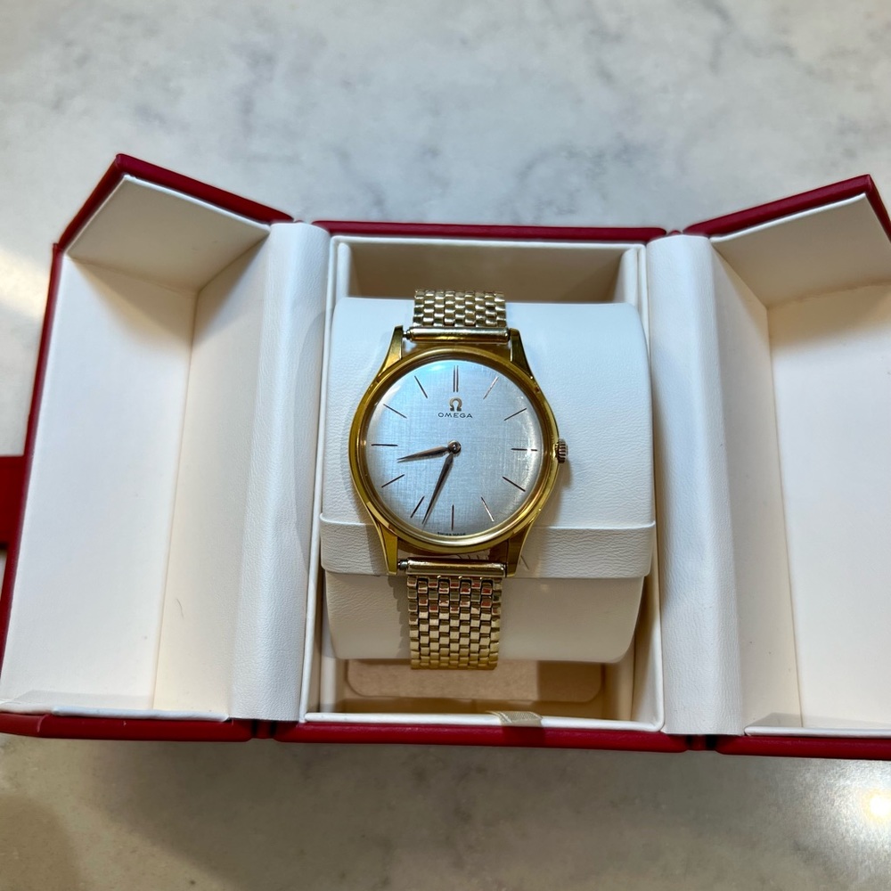 Omega Classic Yellow Gold & Ivory Dial Manual Watch, Vintage Circa 1970's